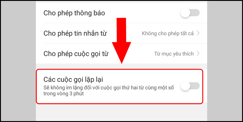 T&ugrave;y chỉnh bật th&ocirc;ng b&aacute;o cho c&aacute;c cuộc gọi lặp lại